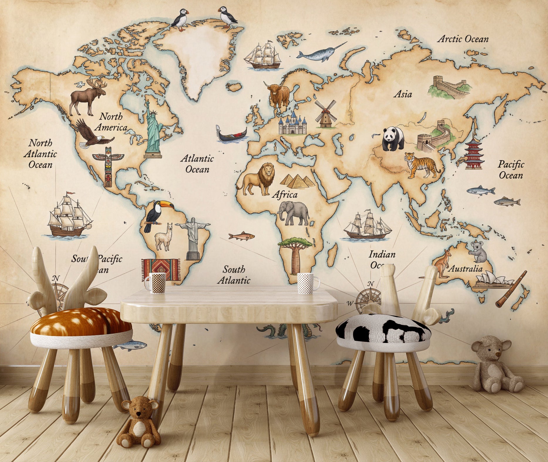 Vintage World Map Wallpaper World Map Totem Wall Mural
