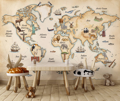 Vintage World Map Wallpaper World Map Totem Wall Mural