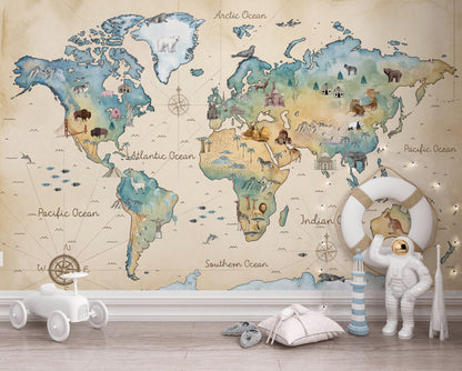 World Map Wallpaper Global Atlas Travel Cartography Removable Wall Decor