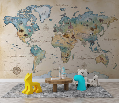 World Map Wallpaper Global Atlas Travel Cartography Removable Wall Decor
