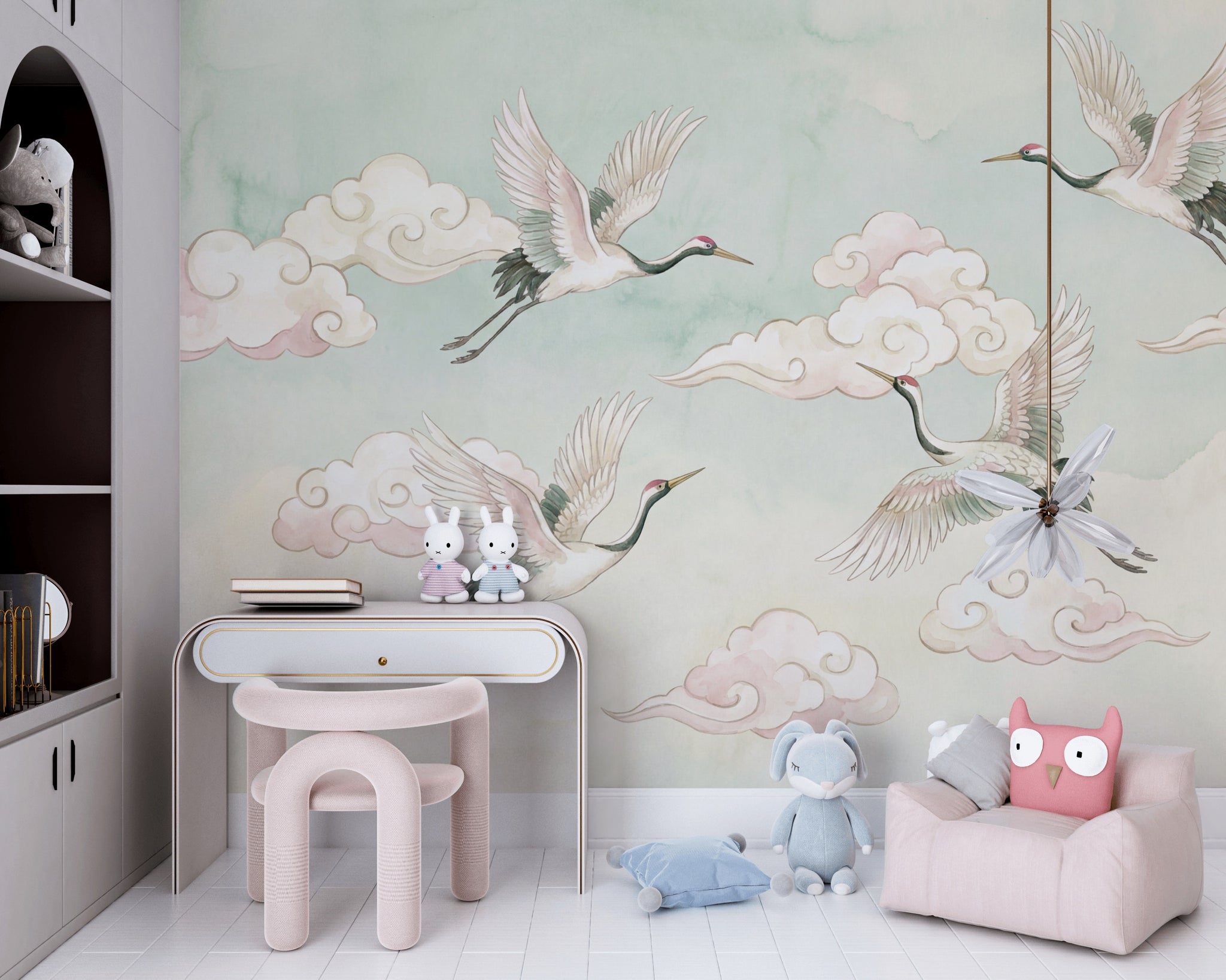 Muted Green Wallpaper Pastel Watercolor Wall Mural