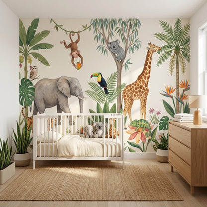 Tropical Jungle Wallpaper Safari Animals Watercolor Illustration Wall Mural