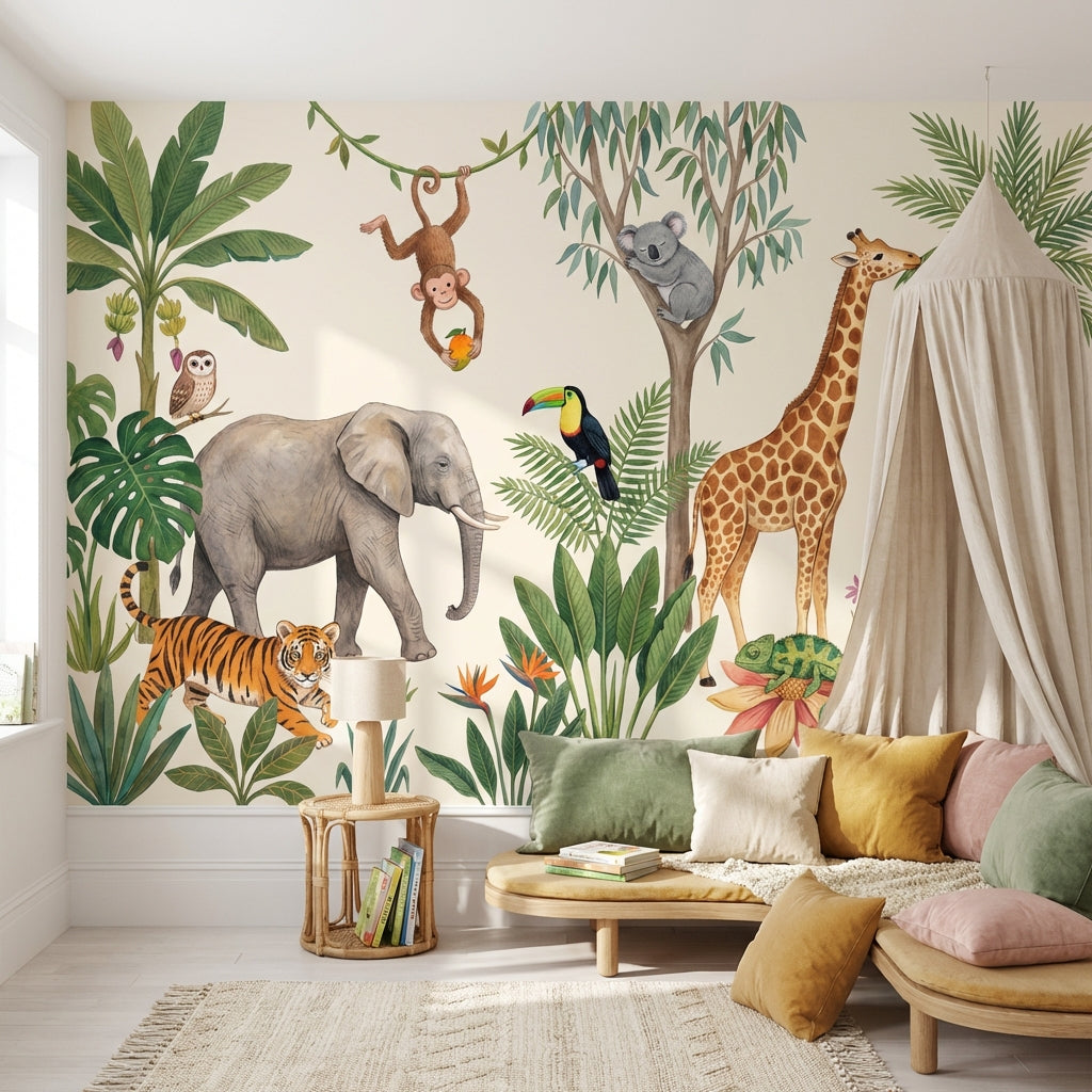 Tropical Jungle Wallpaper Safari Animals Watercolor Illustration Wall Mural