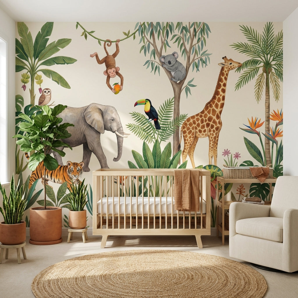 Tropical Jungle Wallpaper Safari Animals Watercolor Illustration Wall Mural