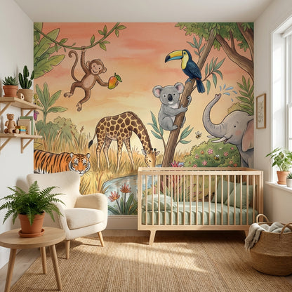 Jungle Wallpaper Safari Animals Watercolor Illustration Wall Mural
