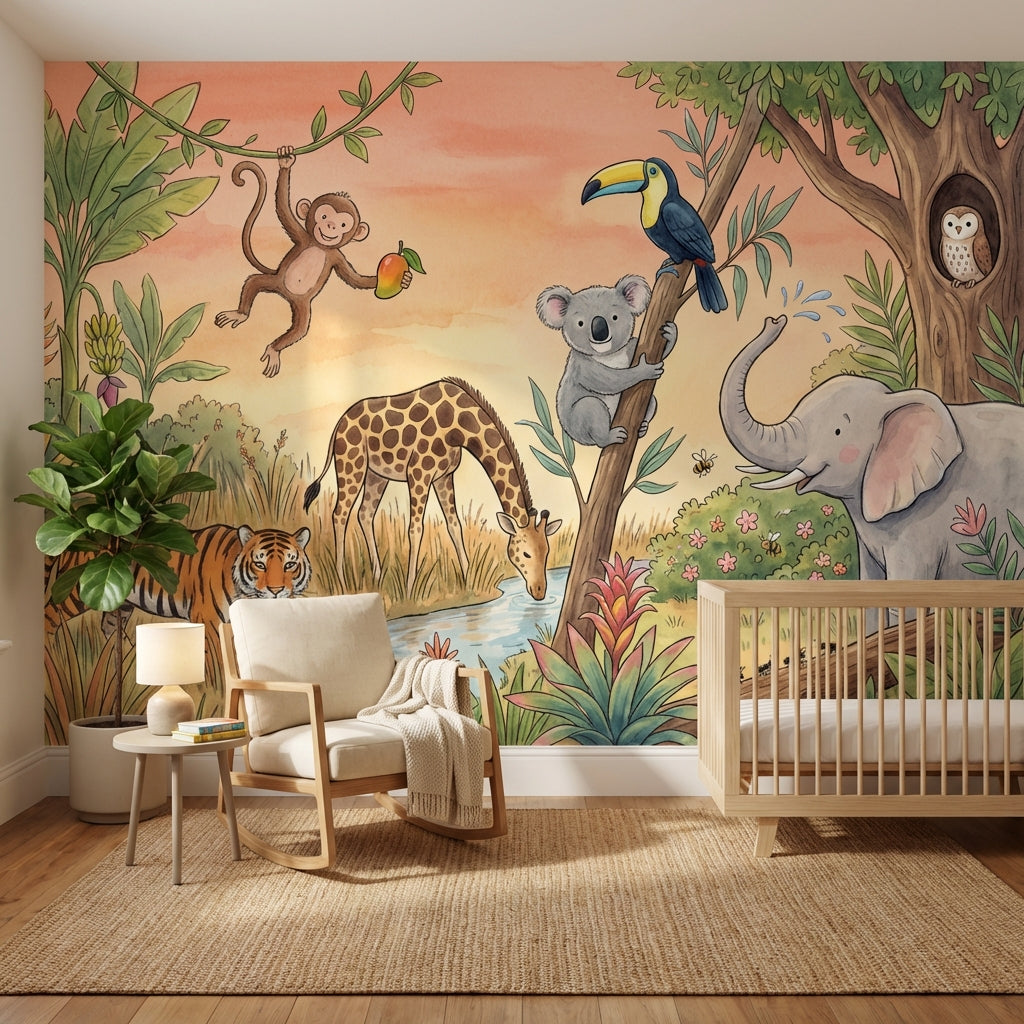 Jungle Wallpaper Safari Animals Watercolor Illustration Wall Mural
