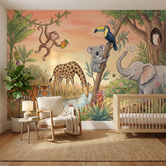 Jungle Wallpaper Safari Animals Watercolor Illustration Wall Mural