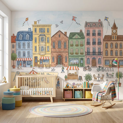 Pastel Cityscape Wallpaper European Townhouses Street Market Removable Wall Decor