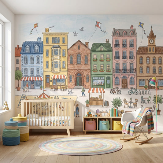 Pastel Cityscape Wallpaper European Townhouses Street Market Removable Wall Decor