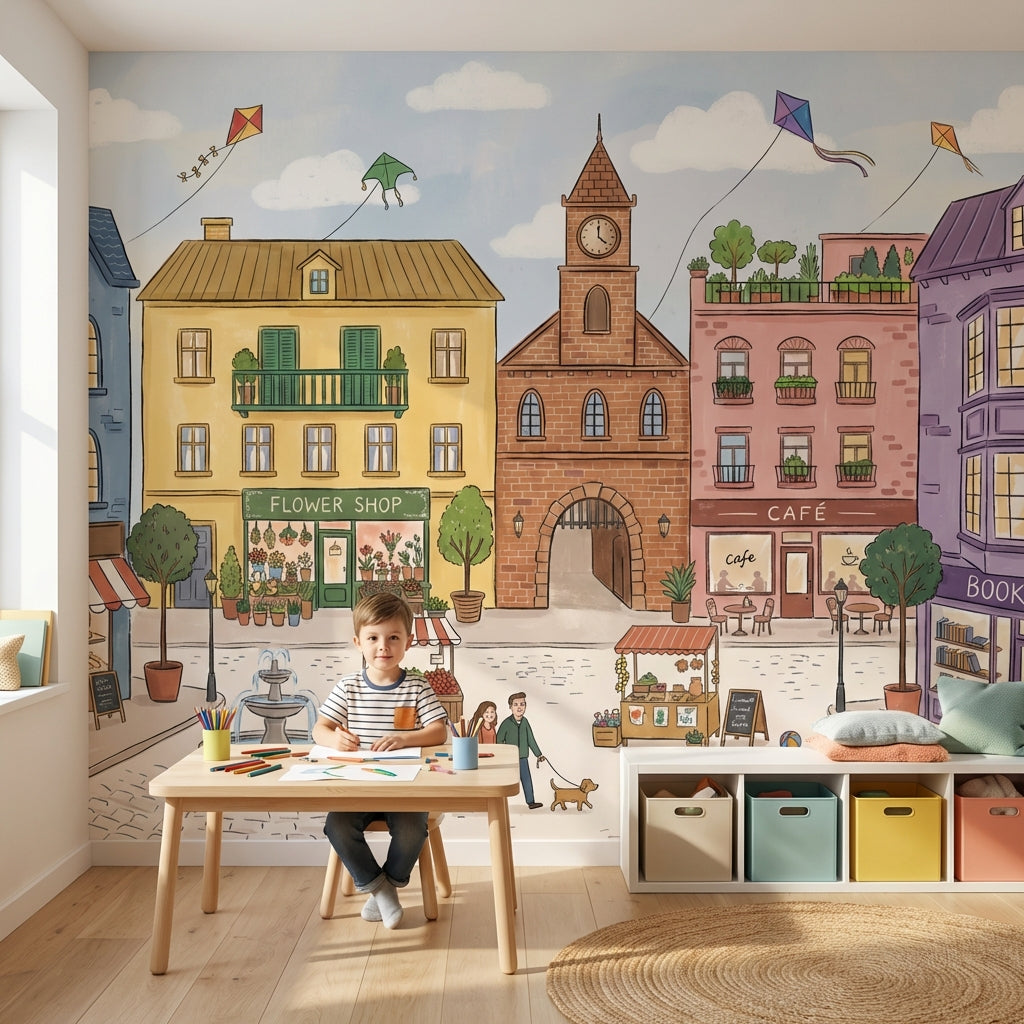 Town Square Wallpaper European Street Bright Wall Mural