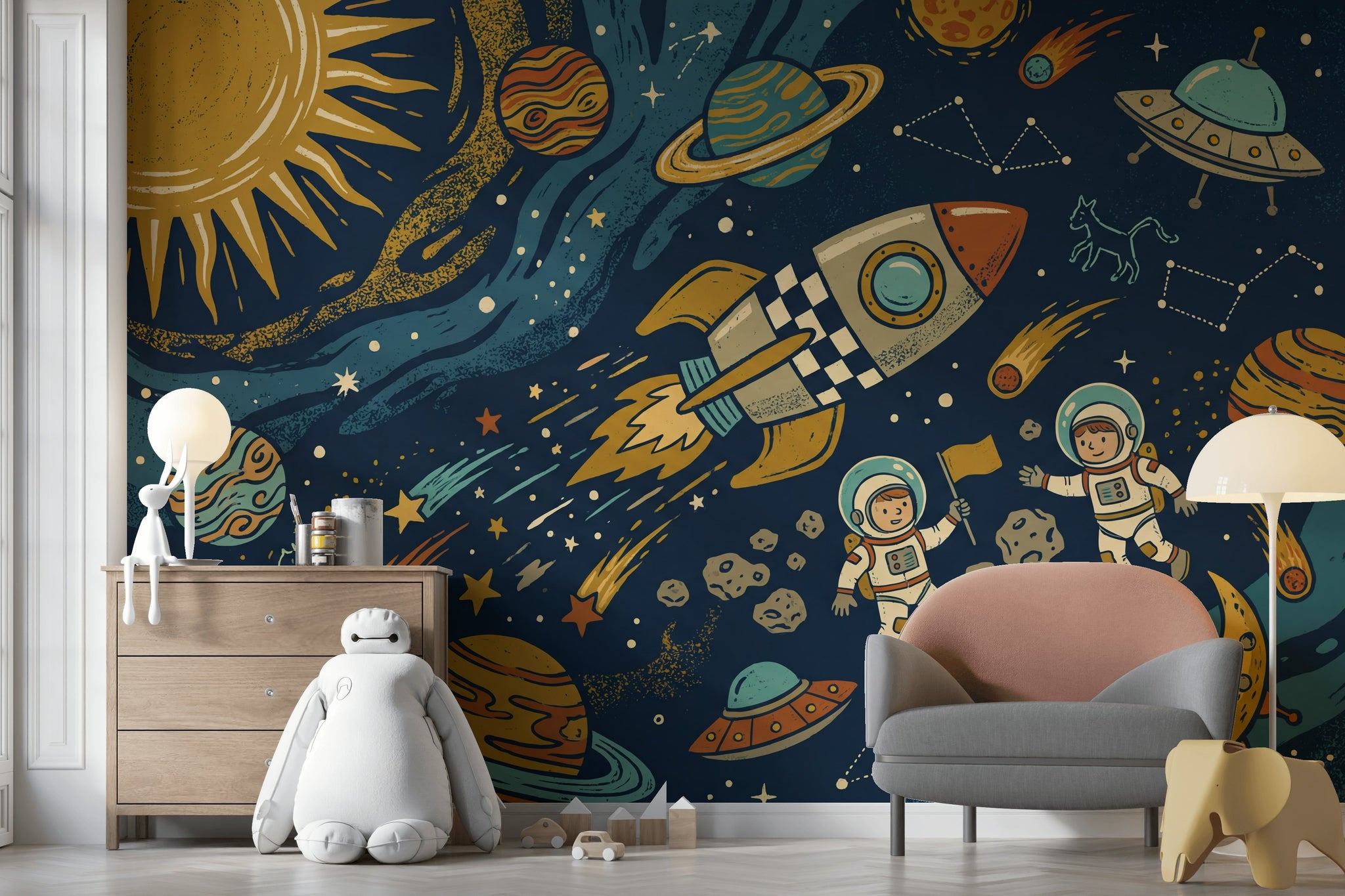 Dark Space Wallpaper Rocket Astronauts Wall Mural