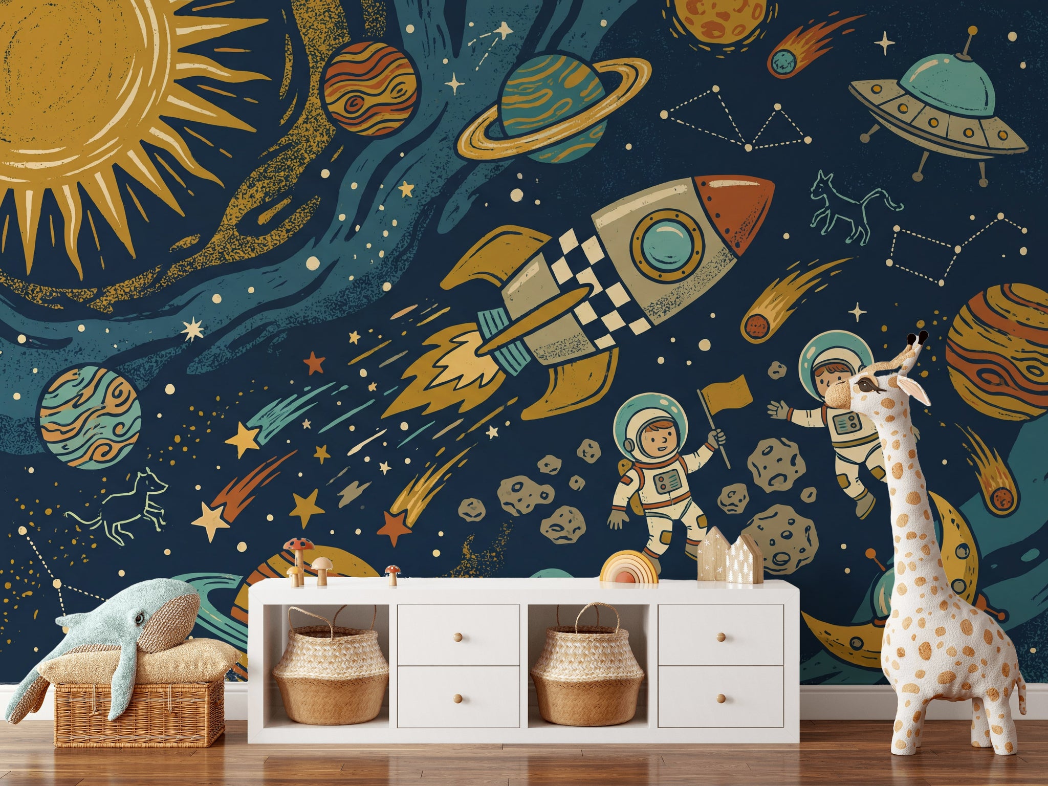Dark Space Wallpaper Rocket Astronauts Wall Mural