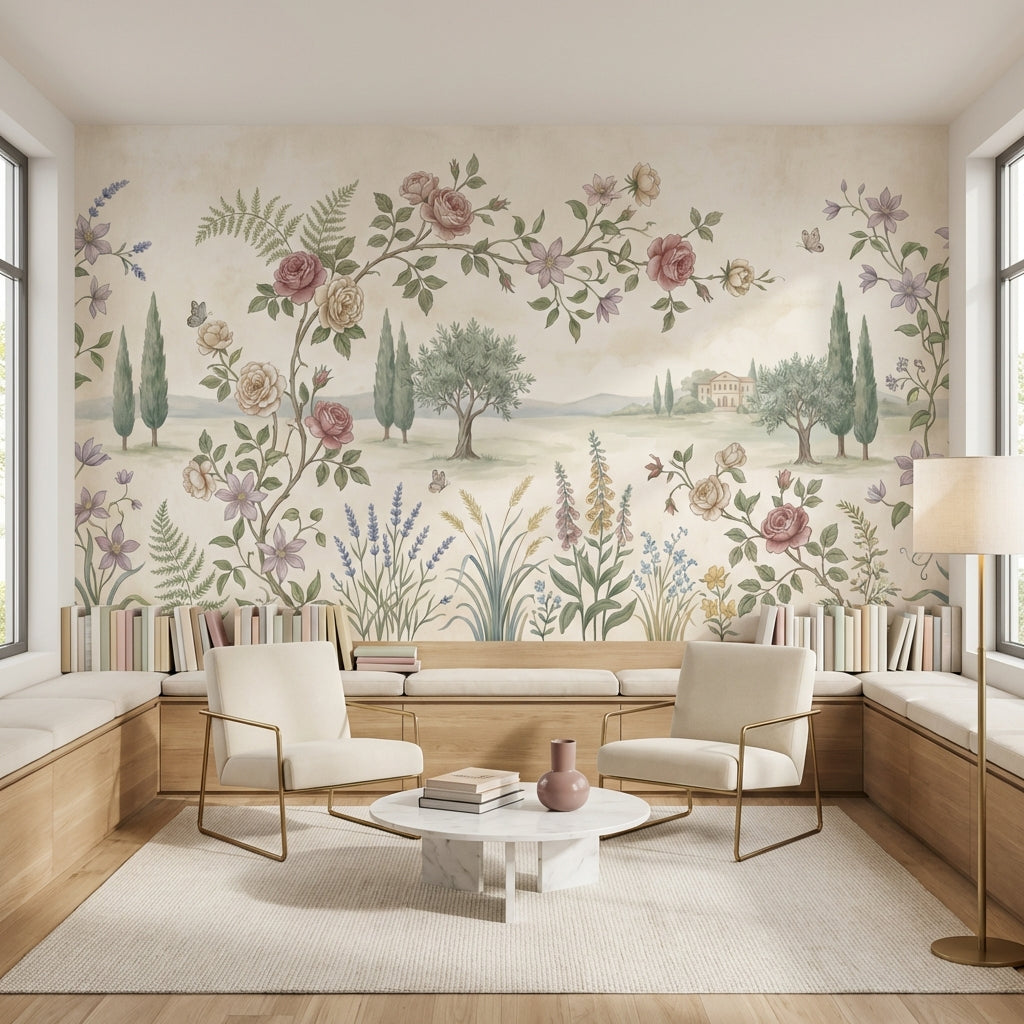 Pastoral Landscape Wallpaper Floral Border Butterflies Wall Mural