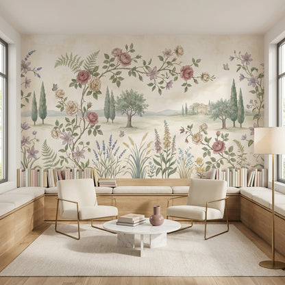 Pastoral Landscape Wallpaper Floral Border Butterflies Wall Mural