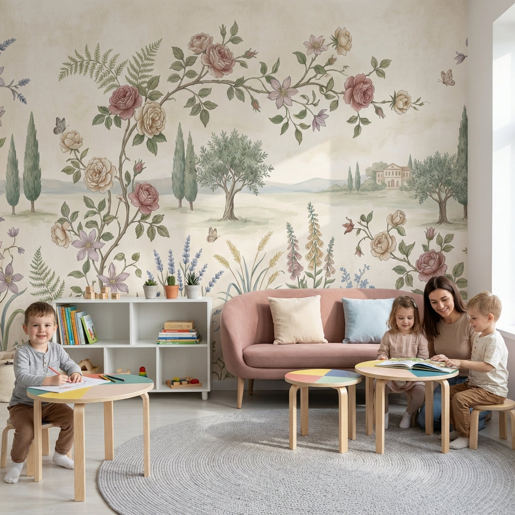 Pastoral Landscape Wallpaper Floral Border Butterflies Wall Mural