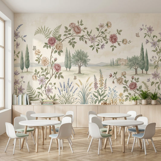 Pastoral Landscape Wallpaper Floral Border Butterflies Wall Mural