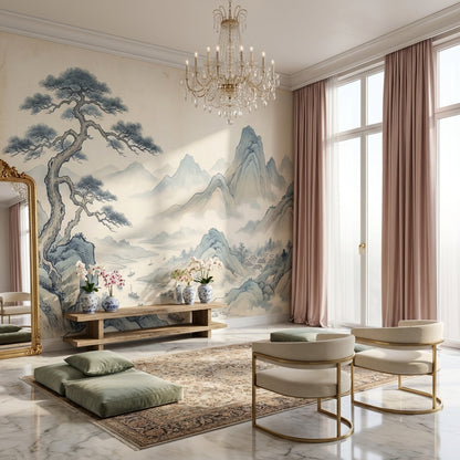East Asian Landscape Wallpaper Ink Wash Painting Misty Mountains Wall Mural