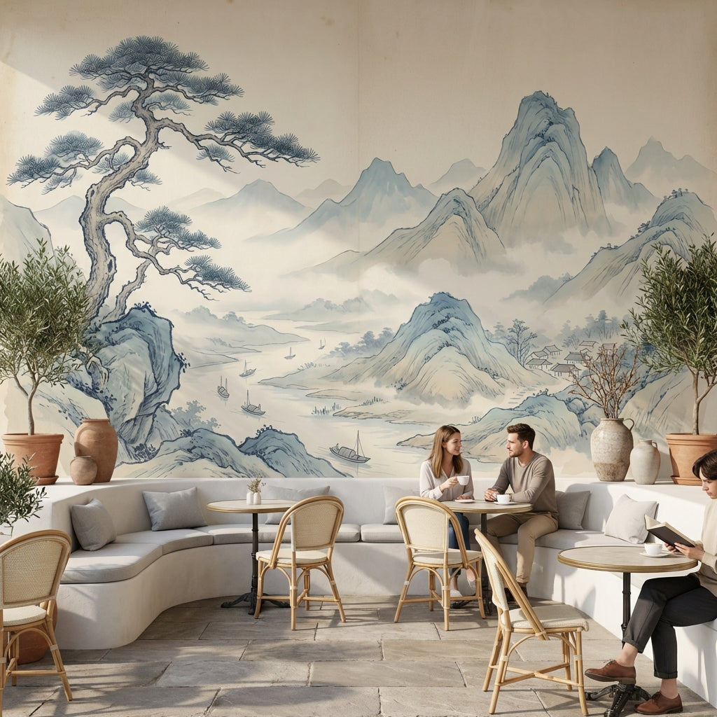 East Asian Landscape Wallpaper Ink Wash Painting Misty Mountains Wall Mural