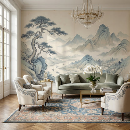 East Asian Landscape Wallpaper Ink Wash Painting Misty Mountains Wall Mural