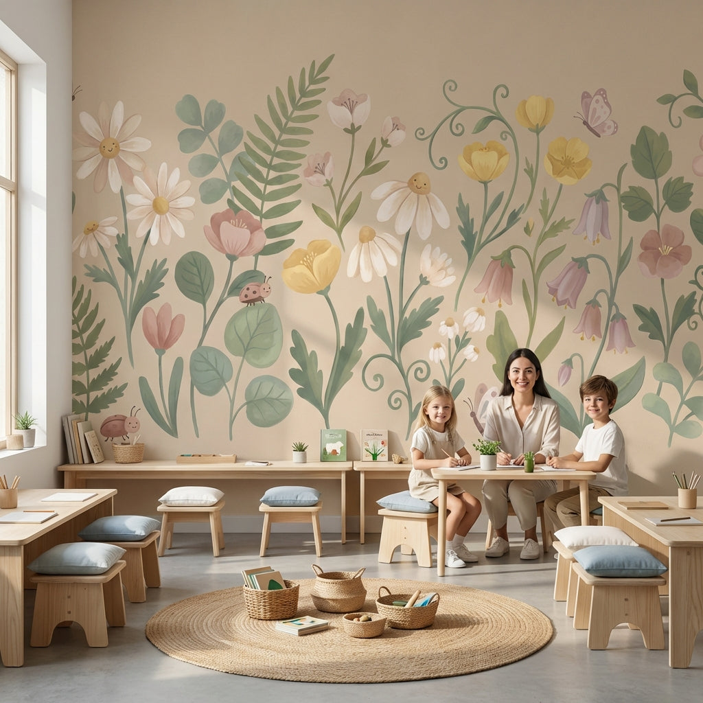 Floral Meadow Wallpaper Wildflowers Pastel Watercolor Wall Mural