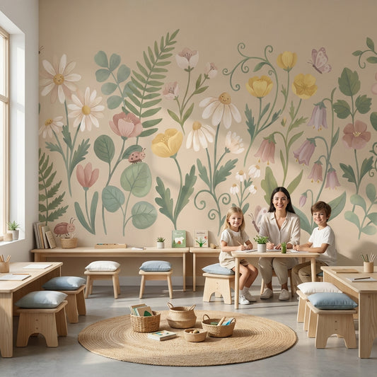 Floral Meadow Wallpaper Wildflowers Pastel Watercolor Wall Mural