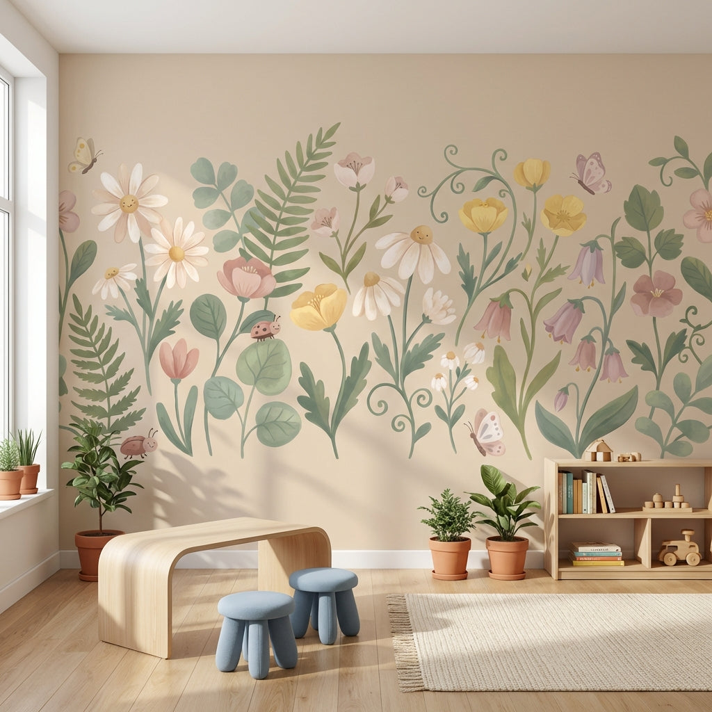 Floral Meadow Wallpaper Wildflowers Pastel Watercolor Wall Mural