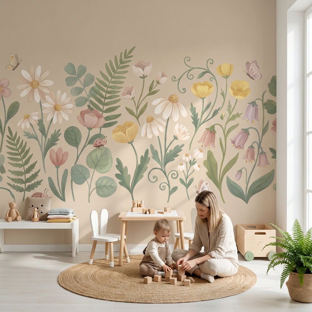 Floral Meadow Wallpaper Wildflowers Pastel Watercolor Wall Mural