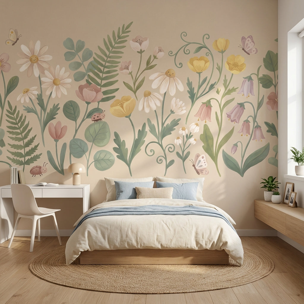 Floral Meadow Wallpaper Wildflowers Pastel Watercolor Wall Mural