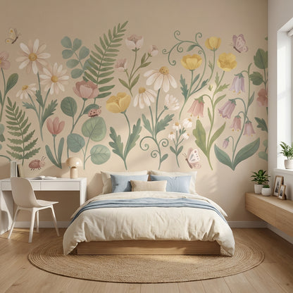 Floral Meadow Wallpaper Wildflowers Pastel Watercolor Wall Mural