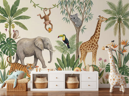 Tropical Jungle Wallpaper Safari Animals Watercolor Illustration Wall Mural