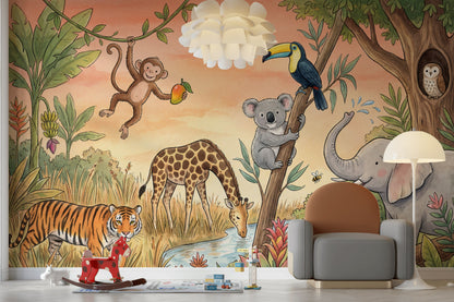 Jungle Wallpaper Safari Animals Watercolor Illustration Wall Mural
