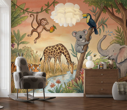 Jungle Wallpaper Safari Animals Watercolor Illustration Wall Mural