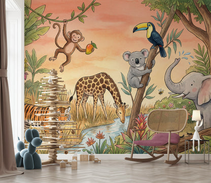 Jungle Wallpaper Safari Animals Watercolor Illustration Wall Mural