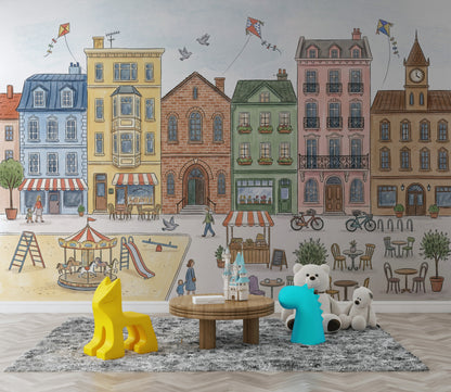 Pastel Cityscape Wallpaper European Townhouses Street Market Removable Wall Decor