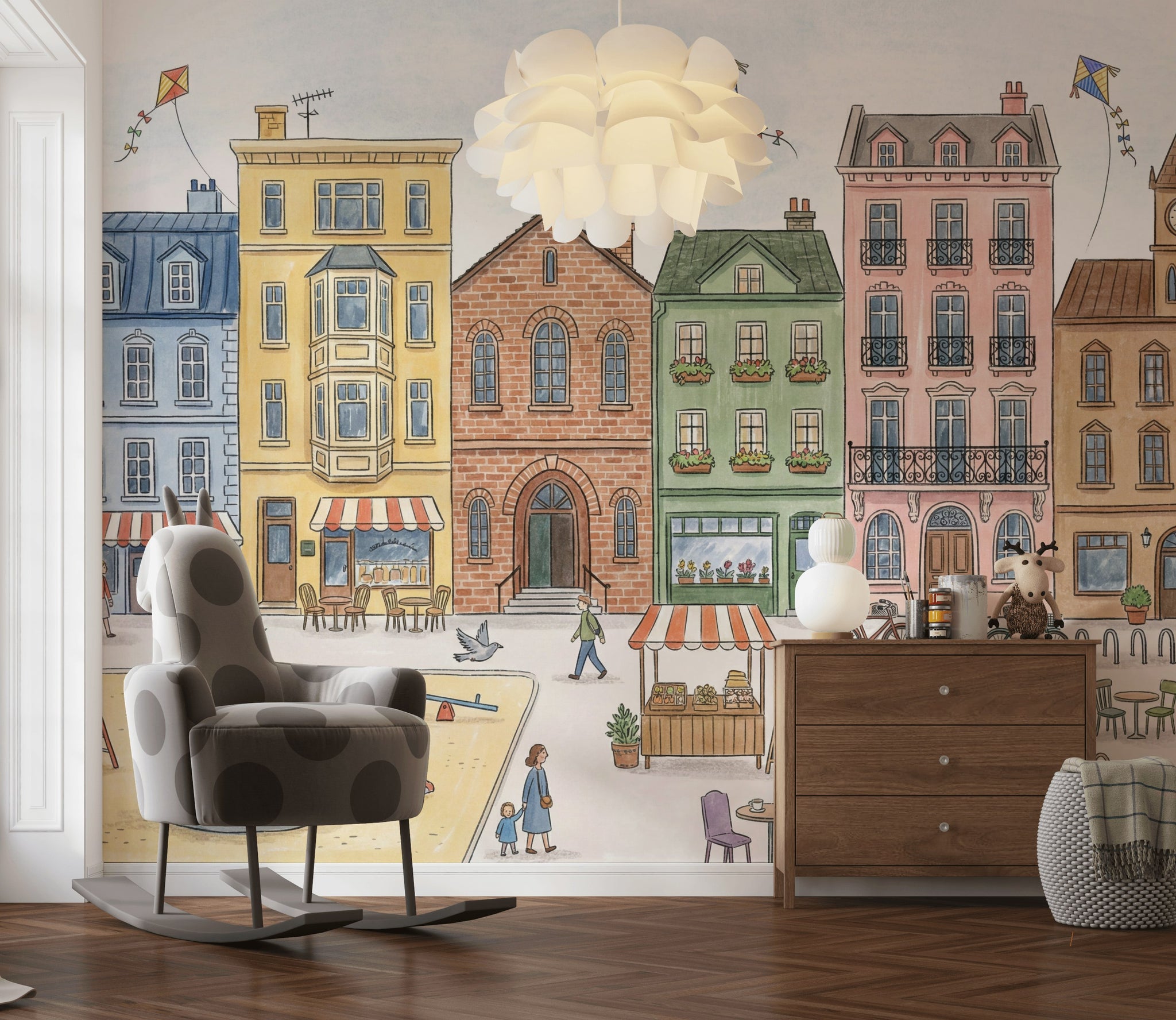Pastel Cityscape Wallpaper European Townhouses Street Market Removable Wall Decor