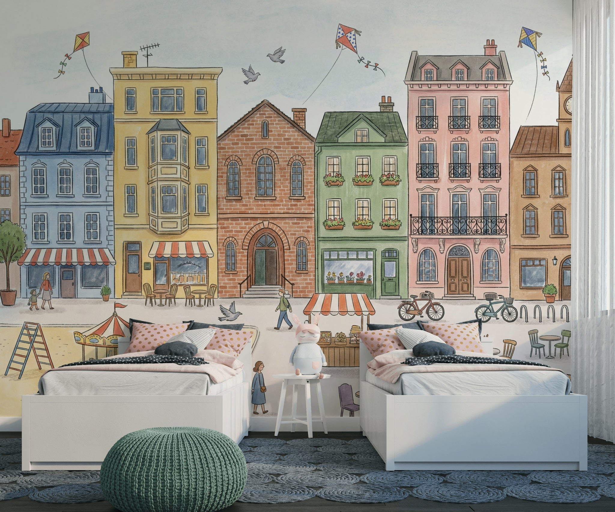 Pastel Cityscape Wallpaper European Townhouses Street Market Removable Wall Decor