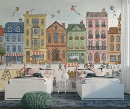 Pastel Cityscape Wallpaper European Townhouses Street Market Removable Wall Decor