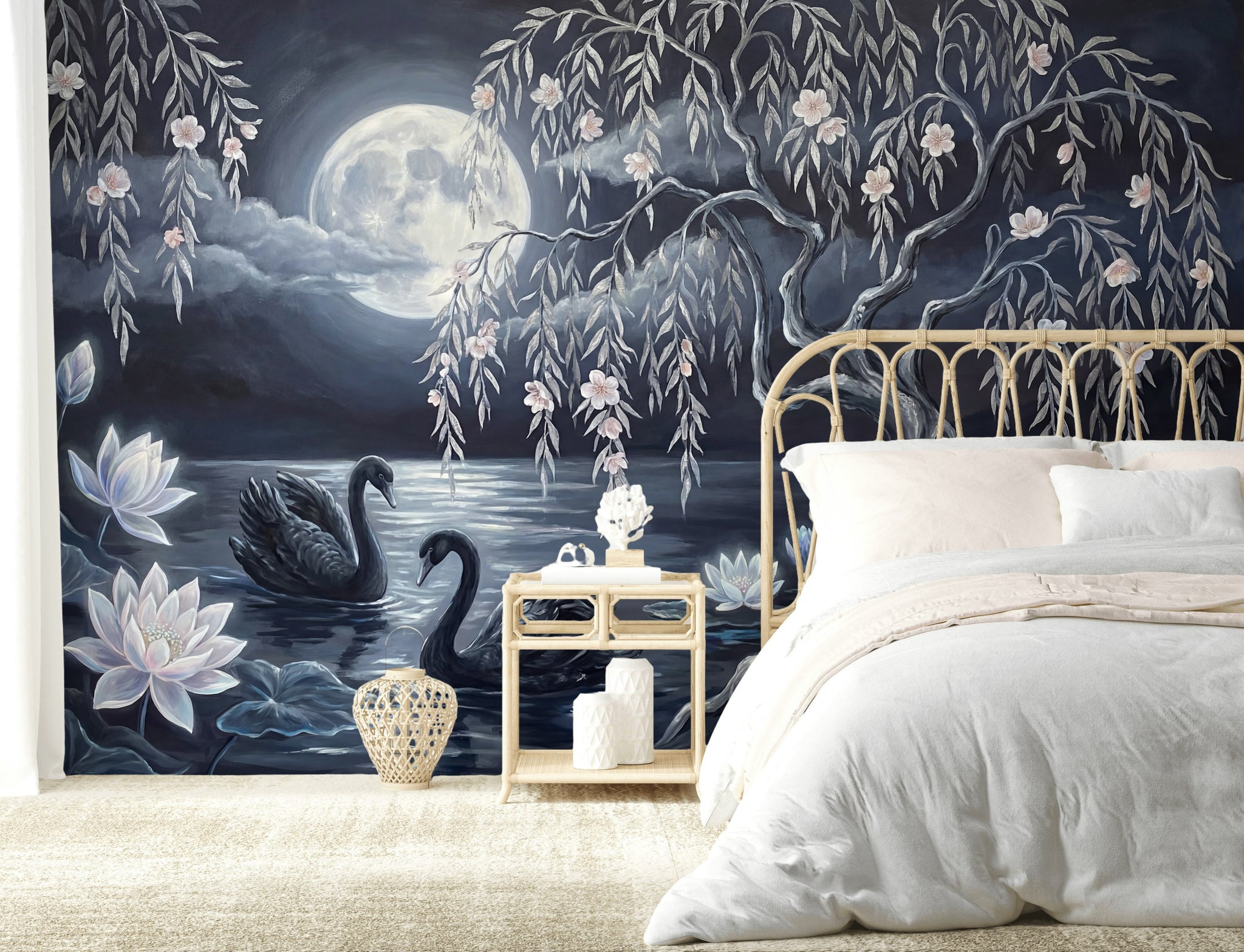 Dark Moonlit Lake Wallpaper Black Swans Willow Tree Wall Mural