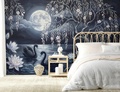 Dark Moonlit Lake Wallpaper Black Swans Willow Tree Wall Mural
