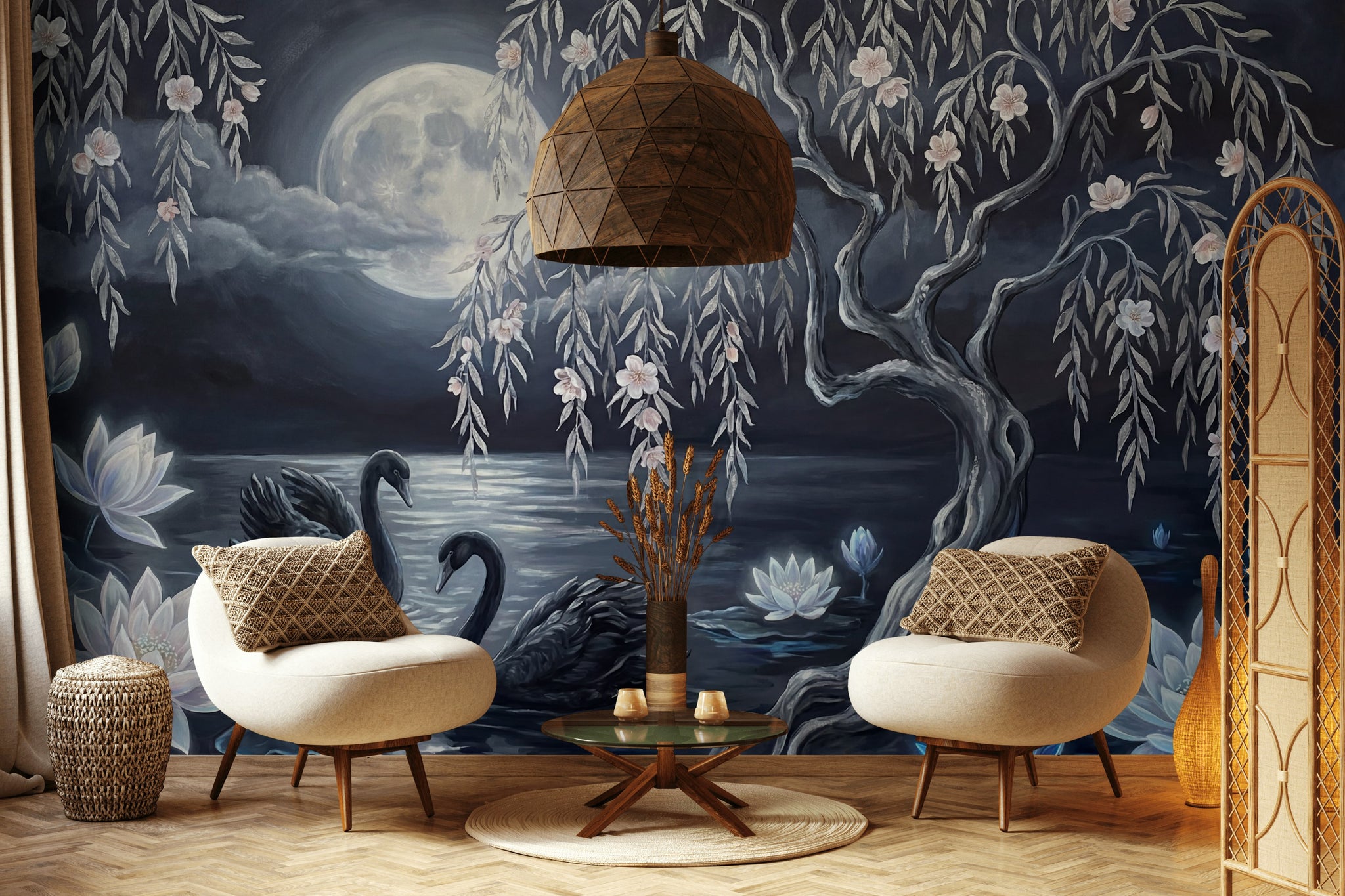 Dark Moonlit Lake Wallpaper Black Swans Willow Tree Wall Mural