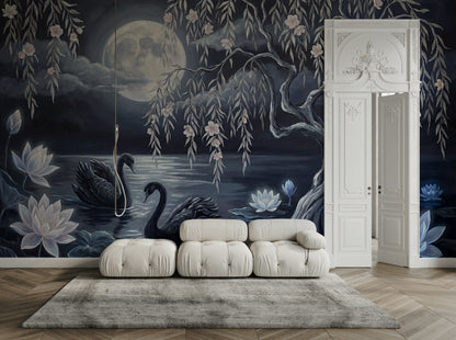 Dark Moonlit Lake Wallpaper Black Swans Willow Tree Wall Mural