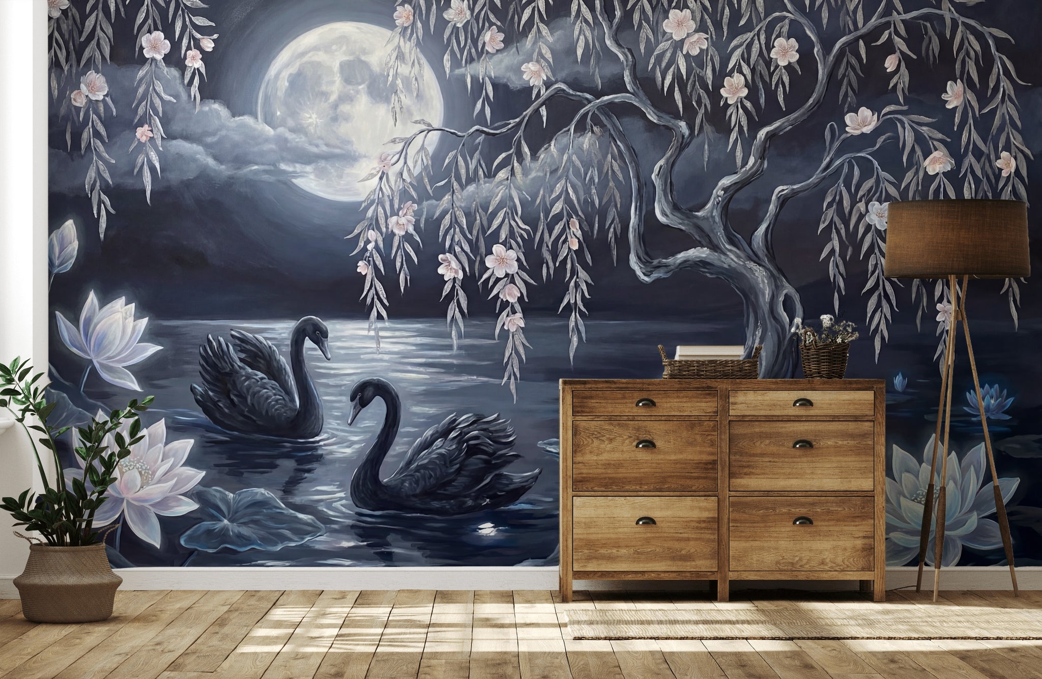 Dark Moonlit Lake Wallpaper Black Swans Willow Tree Wall Mural