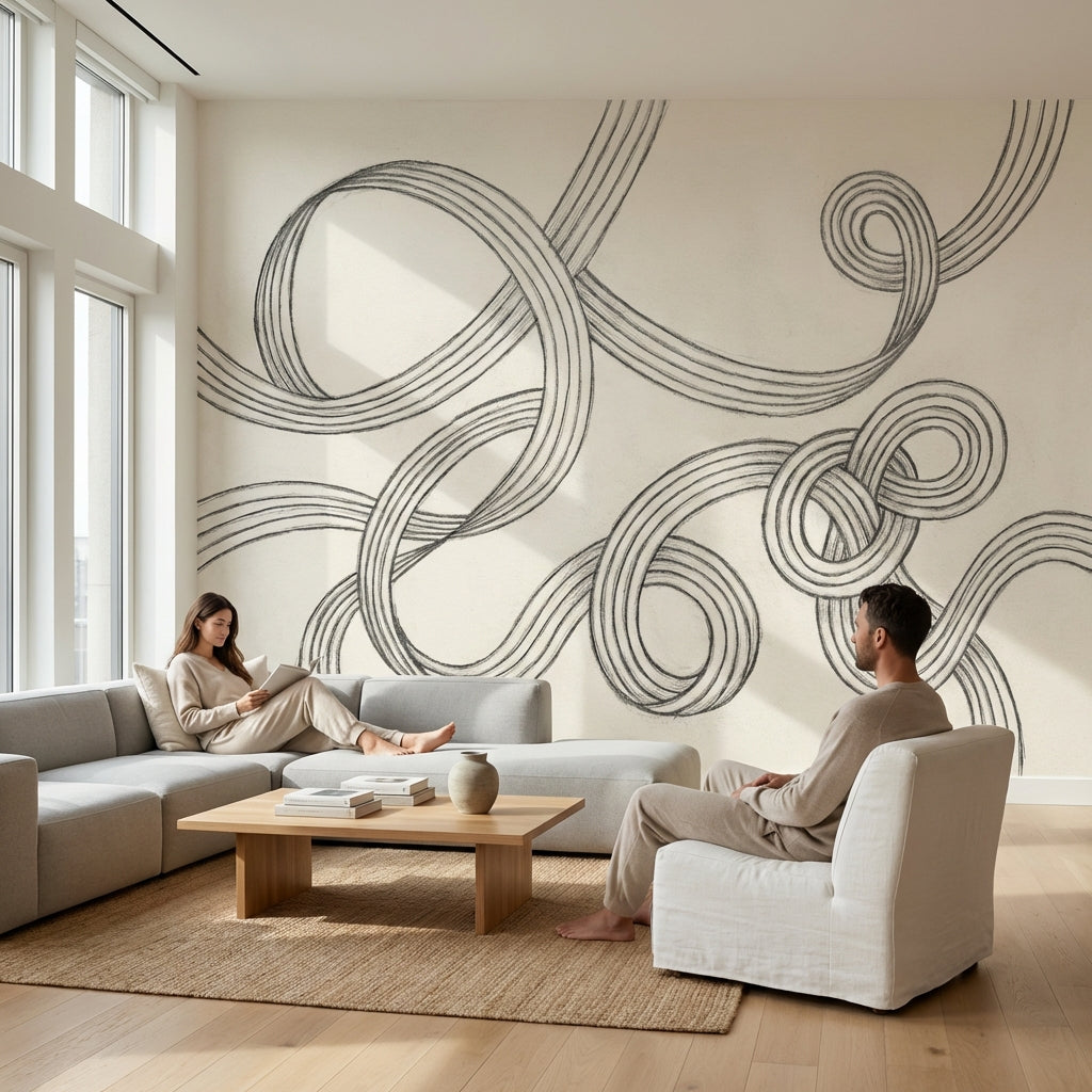 Abstract Line Art Wallpaper Looping Ribbons Interlocking Knots Wall Mural