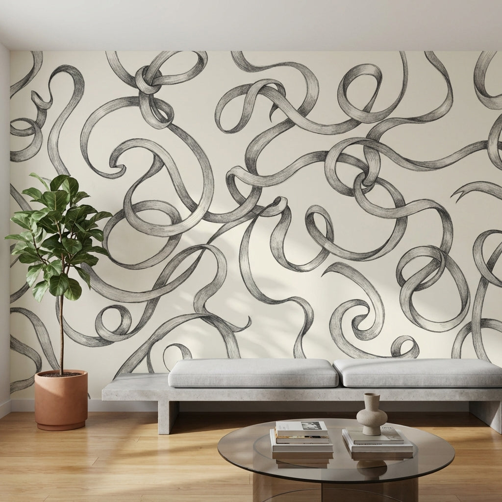 Abstract Line Art Wallpaper Looping Ribbons Interlocking Knots Wall Mural