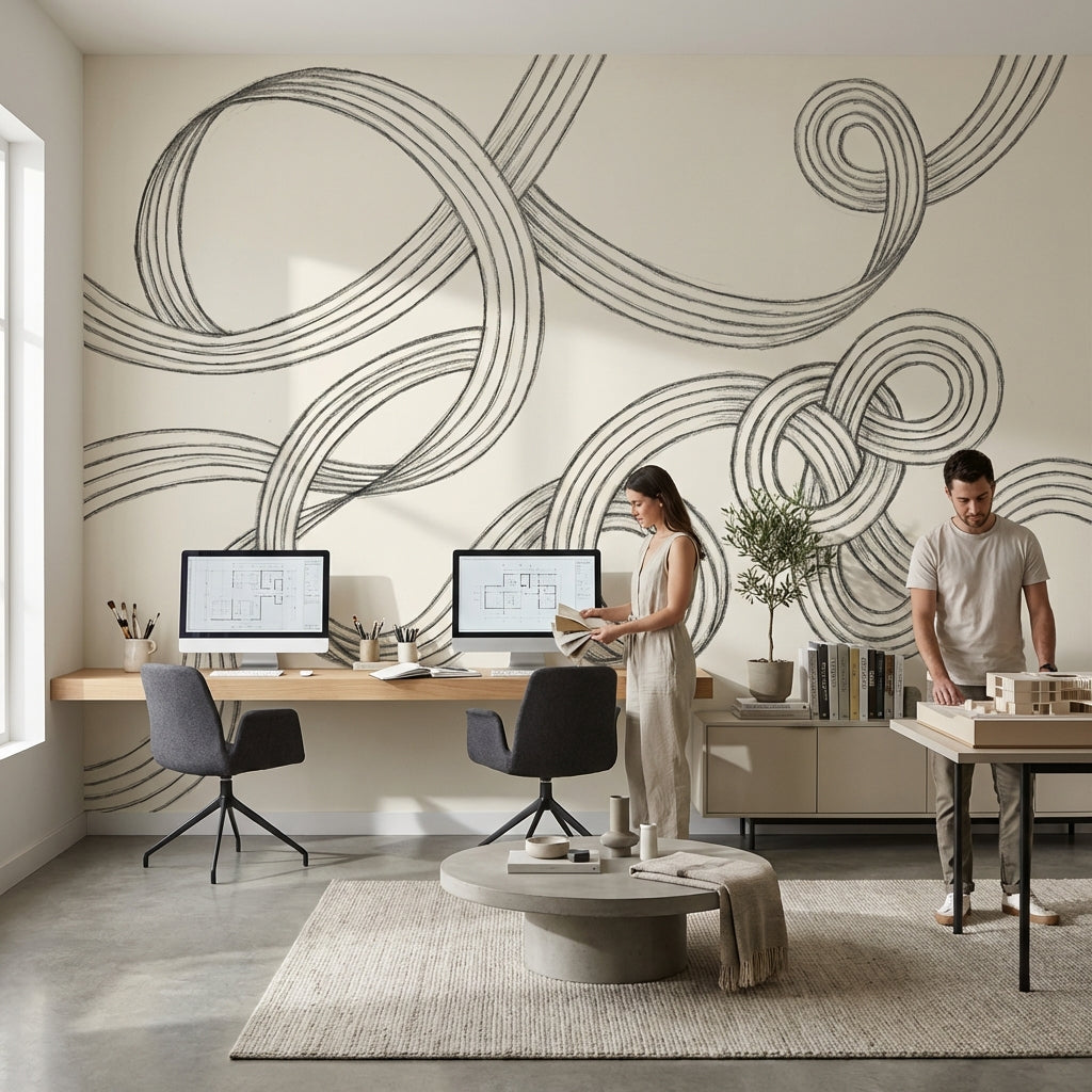 Abstract Line Art Wallpaper Looping Ribbons Interlocking Knots Wall Mural
