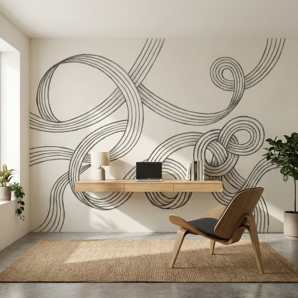 Abstract Line Art Wallpaper Looping Ribbons Interlocking Knots Wall Mural