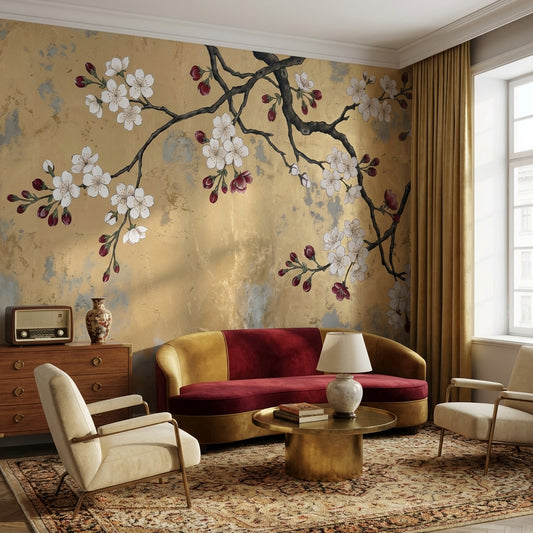 Gold Leaf Background Wallpaper Cherry Blossom Branch Oriental Inspired Wall Mural