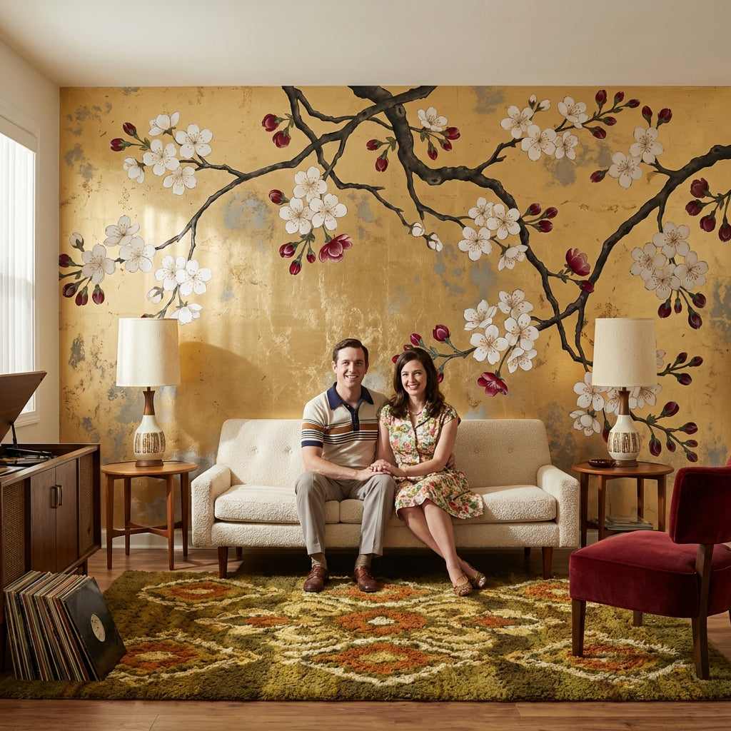 Gold Leaf Background Wallpaper Cherry Blossom Branch Oriental Inspired Wall Mural