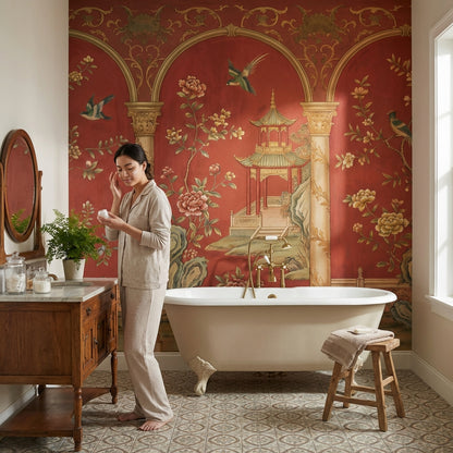 Chinoiserie Wallpaper Red Background Pagoda Pavilion Wall Mural