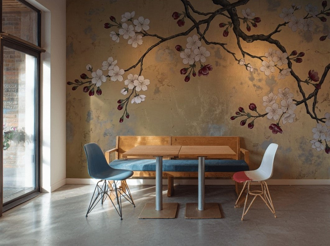 Gold Leaf Background Wallpaper Cherry Blossom Branch Oriental Inspired Wall Mural